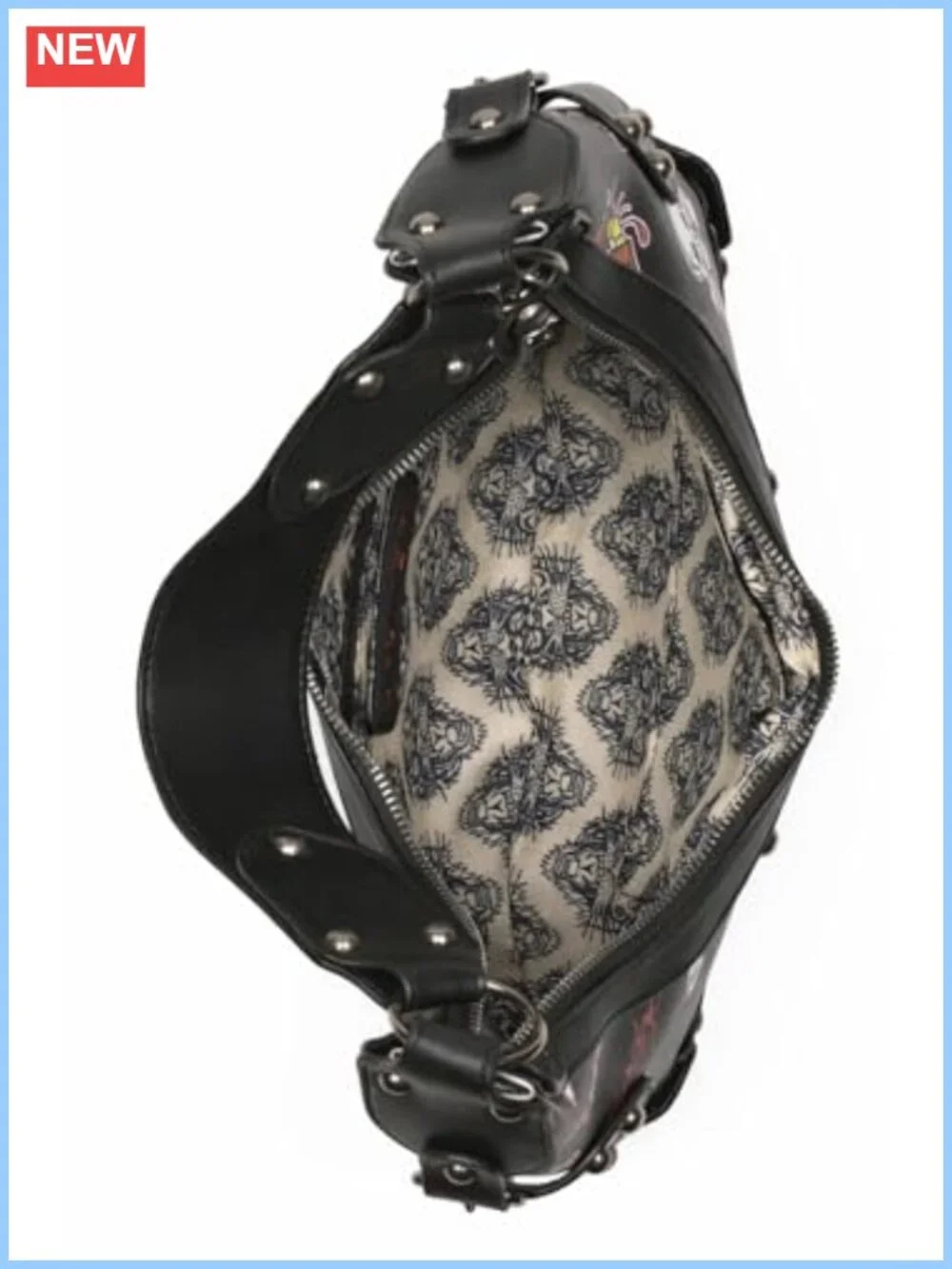 Studded Tattoo Hobo Shoulder Bag Faux Leather Zip Closure Rocker Style